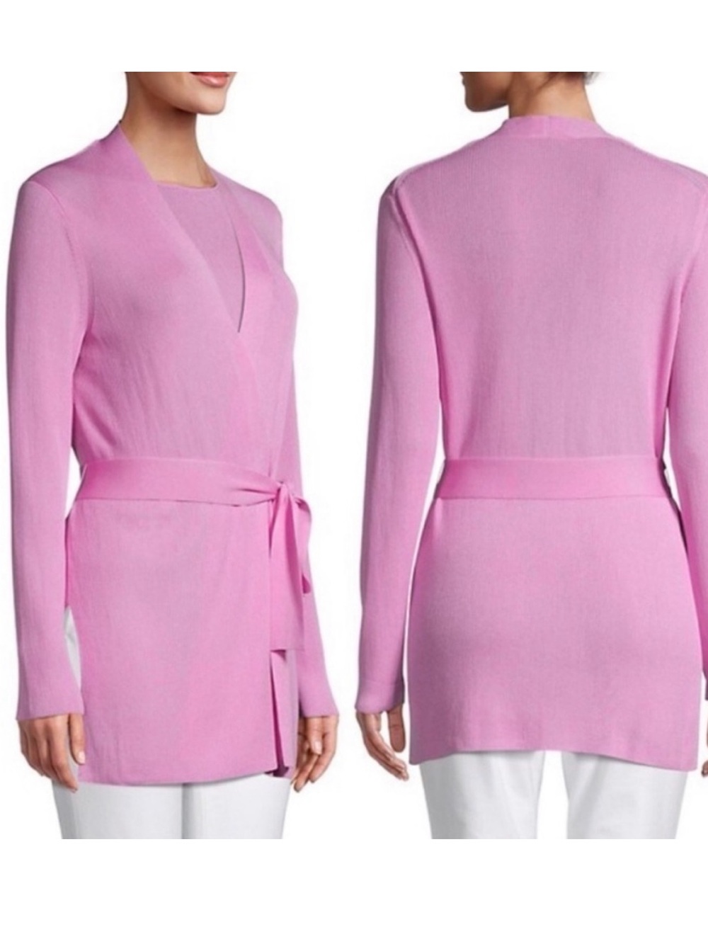 Lafayette 148 Dahlia Ribbed Knit Pink Belted Open Front Cardigan Size S